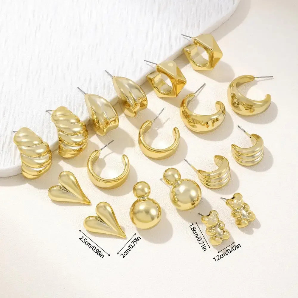 6Pcs/Set Fashion Gold Color Heart Bear Drop Earrings for Women Simple Twisted Metal C-Shape Earrings Elegant Jewelry Gifts