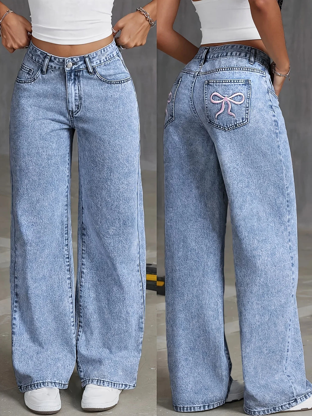 Women's Back Pocket Bow Embroidered Fashionable Wide Leg Pants Versatile Washed Denim Trousers - Azara