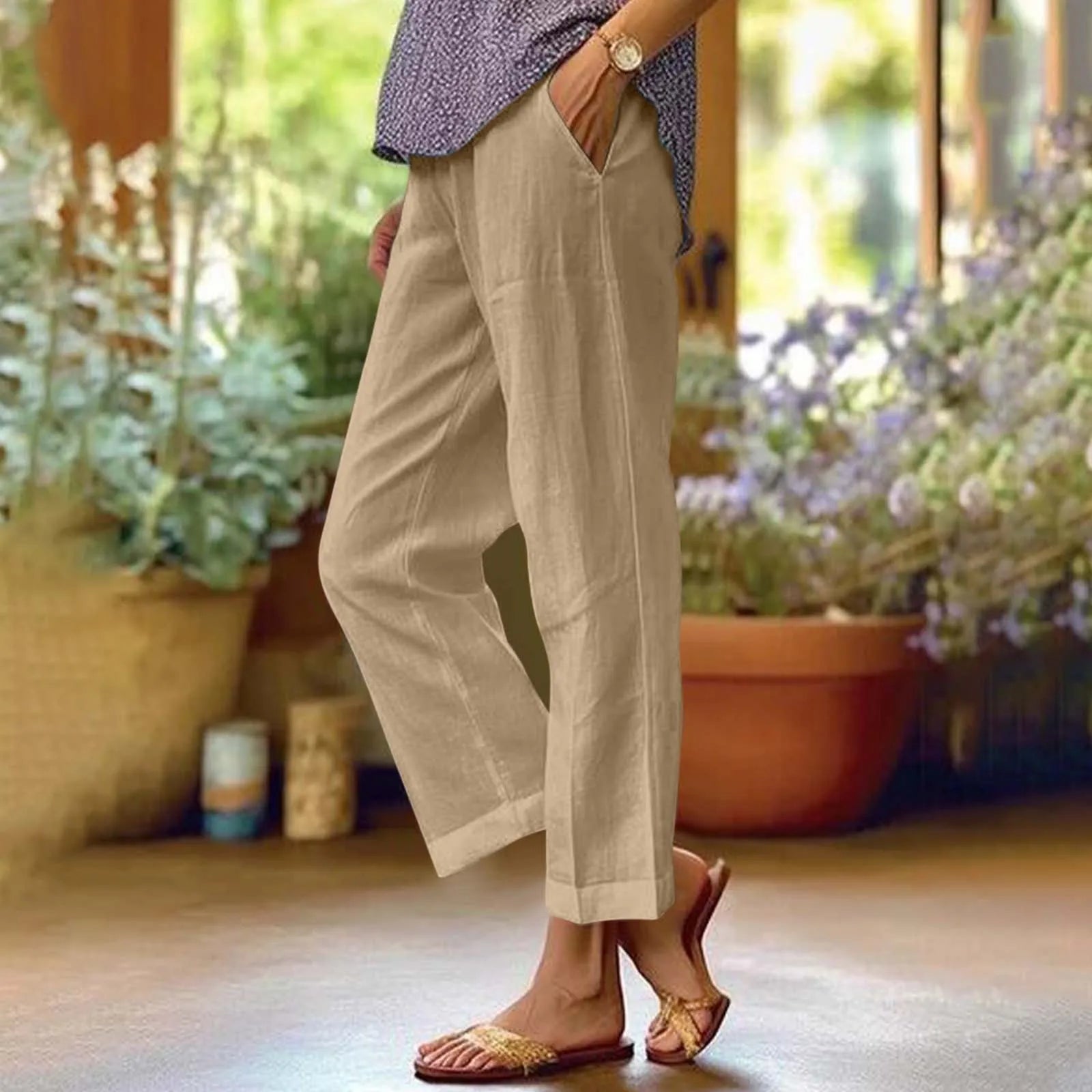 Straight Pants for Women With Pockets Ladies Solid Cotton Linen Streetwear Female Ankle Trousers Summer Office Wear Pant