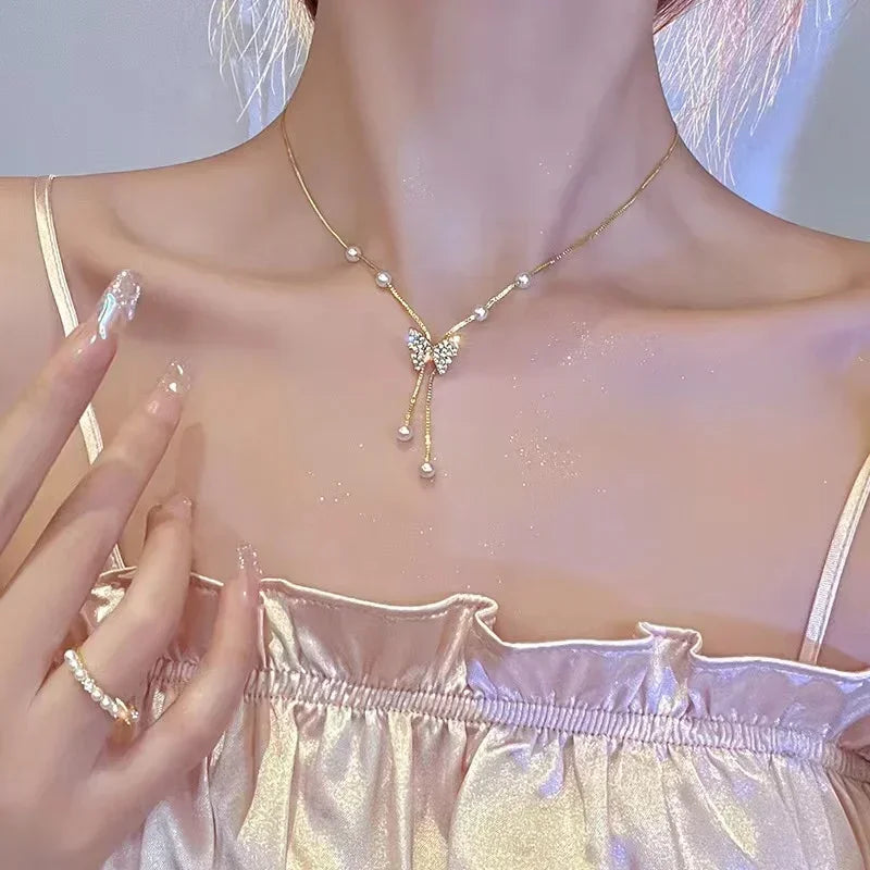 Europe and America Fashion Gold Color Stainless Steel Water Drop Tassel Pendant Necklace for Women Clavicle Chain Paty Jewelry