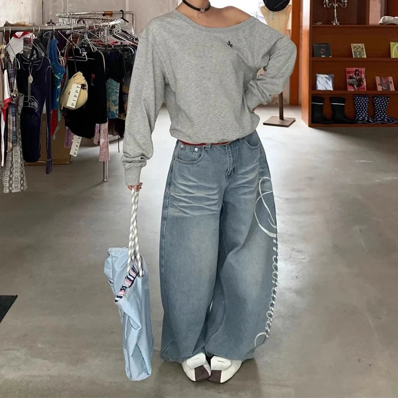 Women Blue Y2k Baggy Boyfriend Jeans Harajuku Vintage Wide Leg Denim Trousers Japanese 2000s Style Jeans Pants Oversize Clothes - Azara