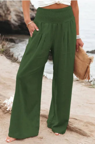 Women's casual pants with drawstring, mid waist, beach wide leg, spring and summer, European and American pants - Azara