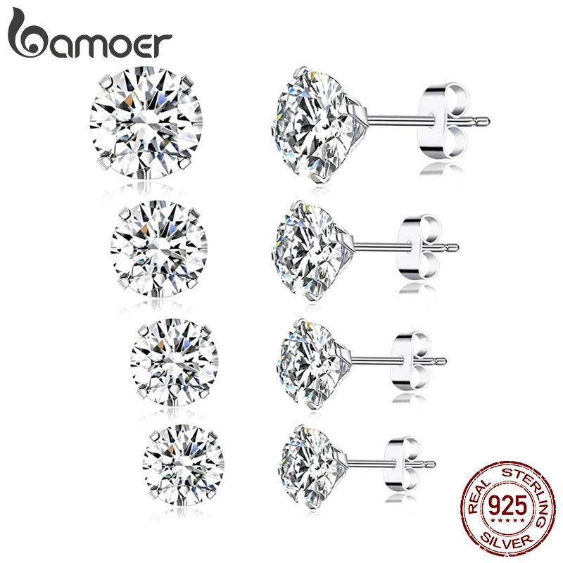 Bamoer CZ Stud Earrings 925 Sterling Silver Platinum Plated Round Cubic Zirconia Hypoallergenic Barbell Earrings 4-7mm