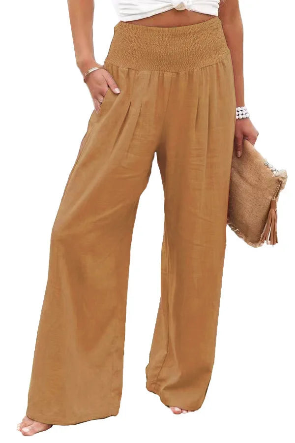 Women's casual pants with drawstring, mid waist, beach wide leg, spring and summer, European and American pants - Azara