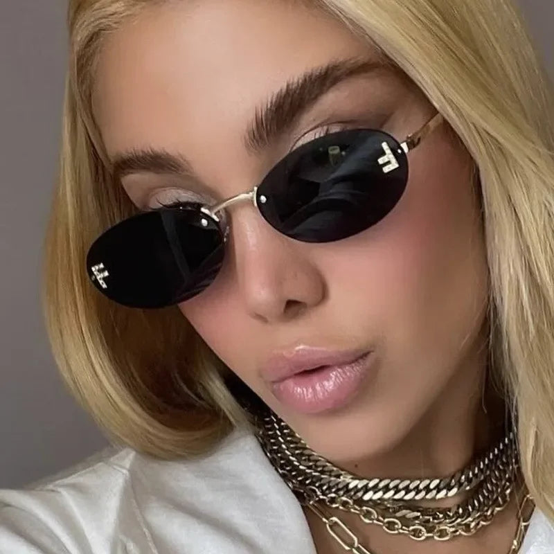 New Frameless Sunglasses Letter F Diamond-set Oval Frame Fashion Trendy Small Frame Car Sunglasses 90902