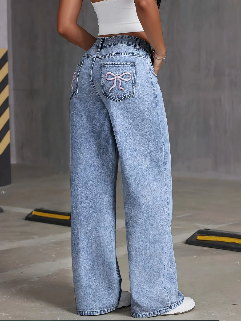 Women's Back Pocket Bow Embroidered Fashionable Wide Leg Pants Versatile Washed Denim Trousers - Azara