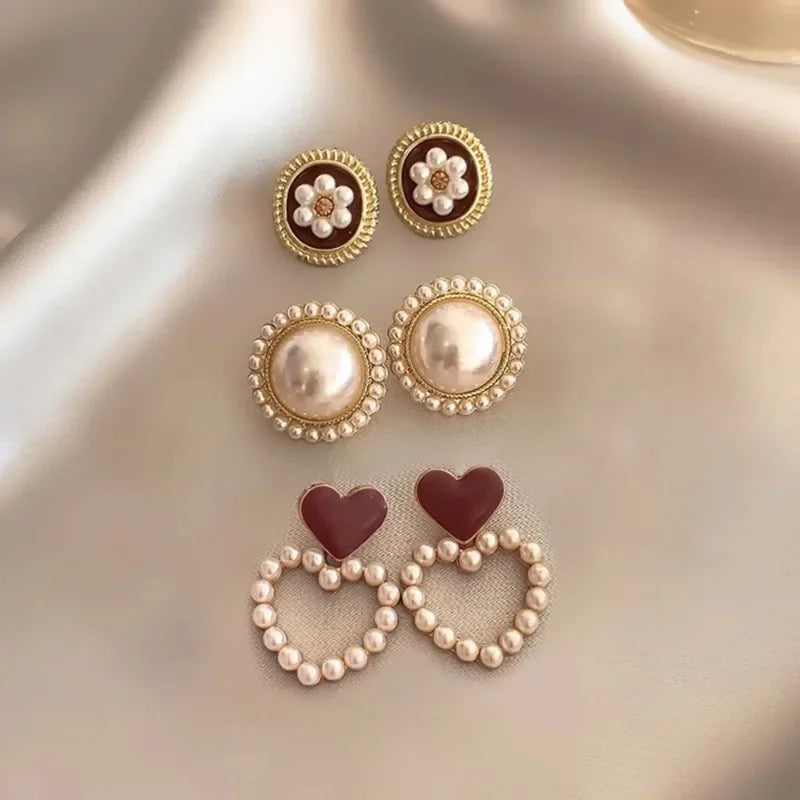 Vintage Dripping Oil Wine Red Retro Stud Earrings for Women Korean Pearl Flower Heart Shape Geometric Earring High Sense Jewelry