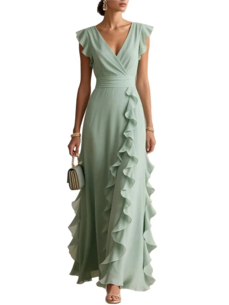 Party Prom Dress For Female Summer Fashion V-neck Elegance Pleated Splicing High Waist Dresses Lady Foreign Style Green Vestidos - Azara