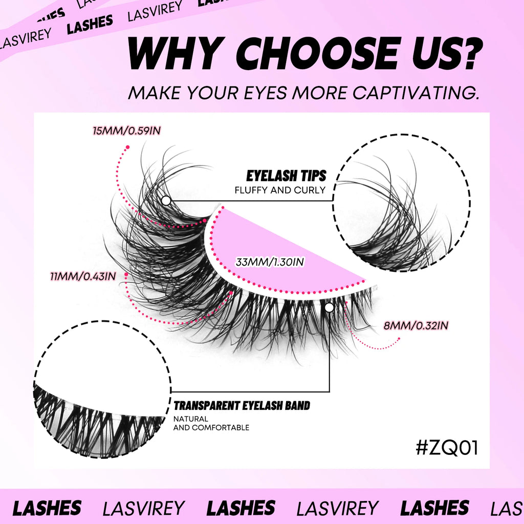 LASVIREY Cat Eye Lashes Natural Fluffy False Eyelashes Soft Wispy Natural Long Faux Mink Lashes Clear Band Lashes Extension