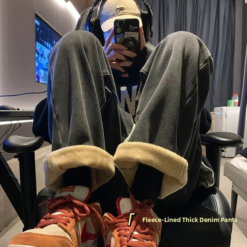 Thiened Fce Dstring Wide Leg High Waist Straight Jeans Women Winter New Sle Warm Loose Fit Trousers Cotton Denim - Azara