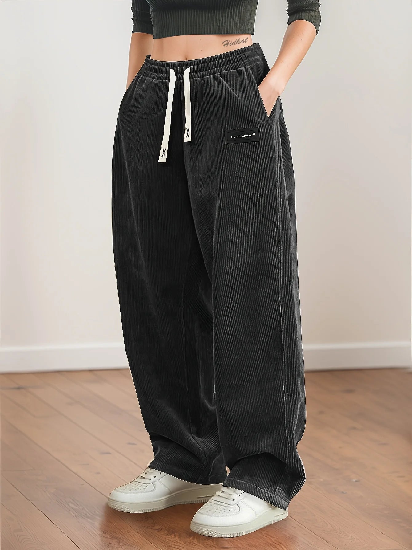 Women's Corduroy Pants Texture Straight-Leg Trousers with Drawstring Waist & White Piping - All-Season Casual to Semi-Formal - Azara