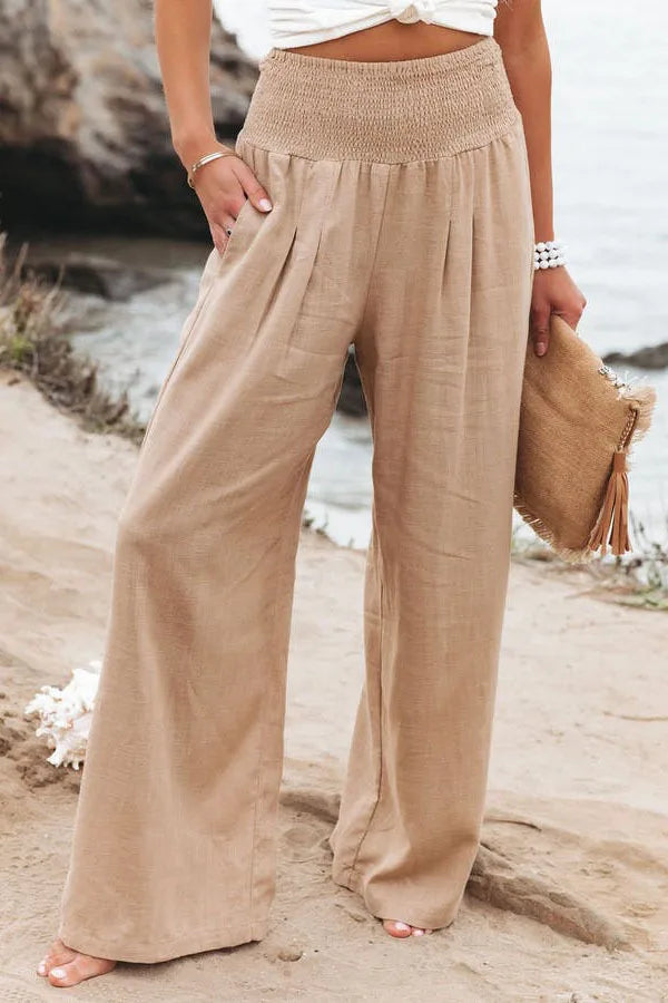 Women's casual pants with drawstring, mid waist, beach wide leg, spring and summer, European and American pants - Azara