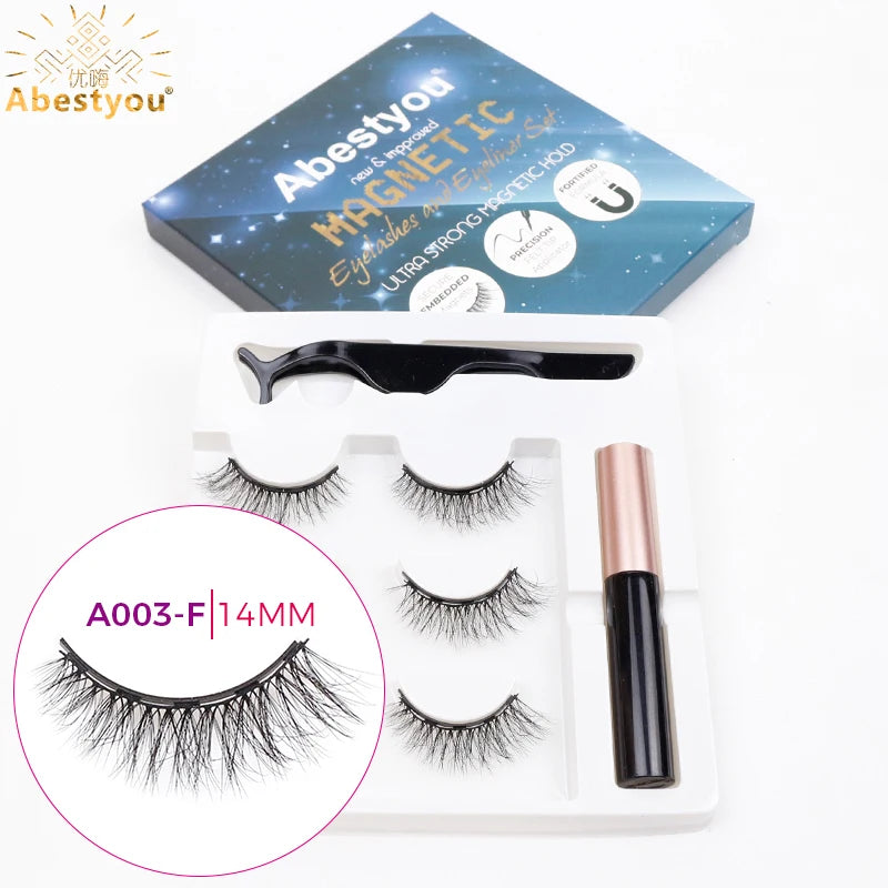 Abestyou 3pairs 5d Micro Guantum Magnet Mink Eyelashes Cat Eye False Lashes Waterproof Magnetic Liquid Eyeliner With Tweezer Kit