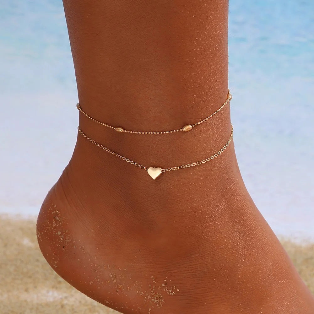 3 Pcs Sparkling Chain Anklet Sets for Women Zircon Heart MultiLayer Copper Bracelet On Leg Foot Trendy Summer Beach Jewelry Gift