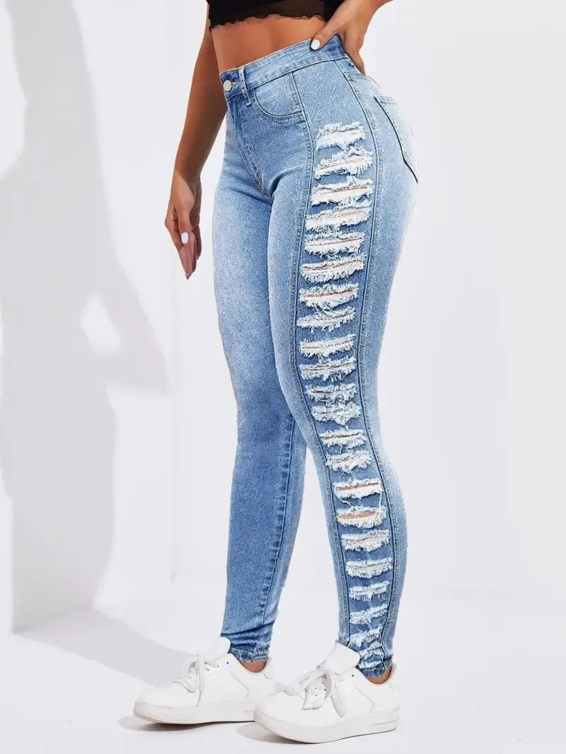 Women's fashionable washing light blue side layered ripped elastic slim fit and hip-retracted casual nine-point foot jeans - Azara