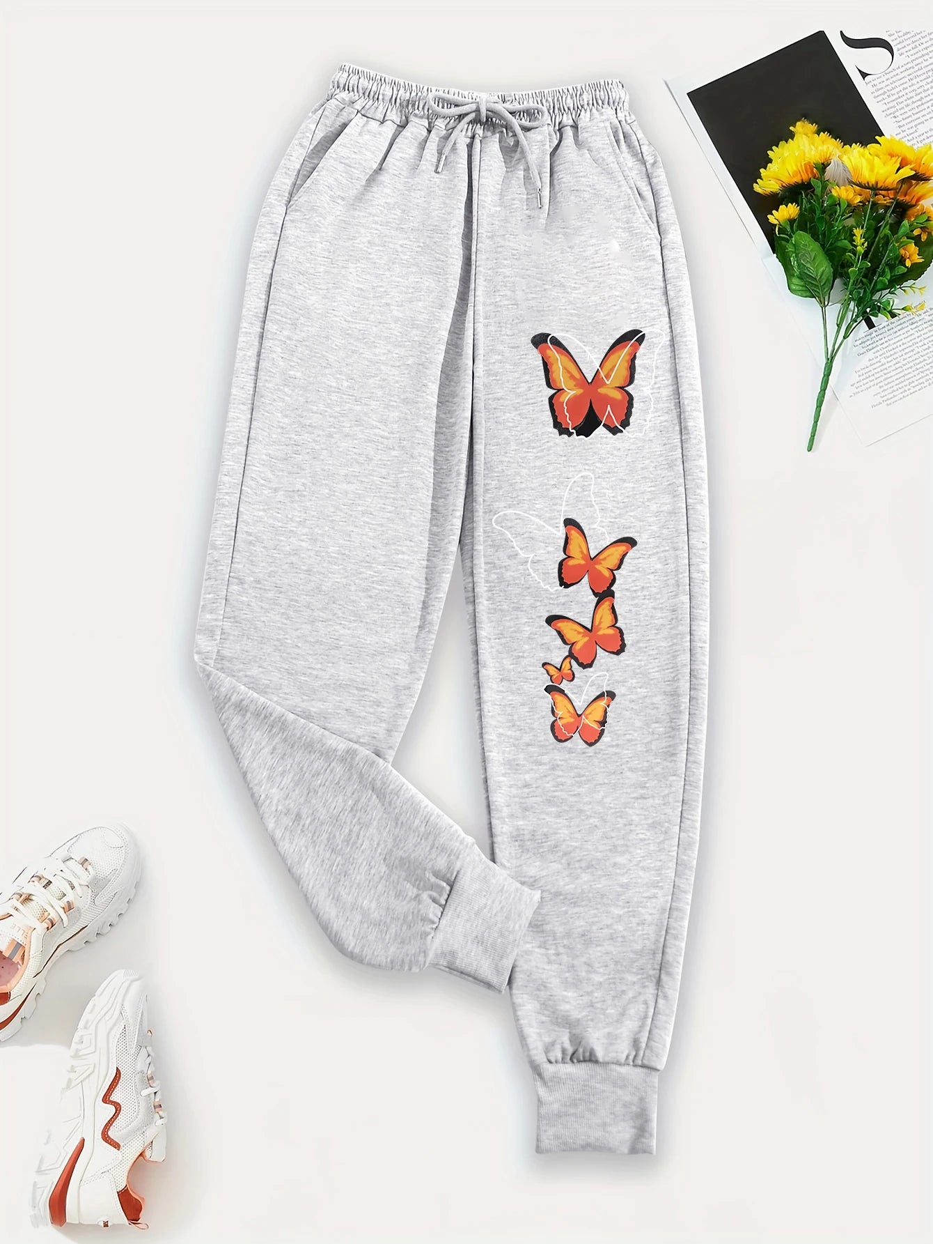 Withered Leaf Butterfly Printing Casual Versatile Women Pant Trendy Hip Hop Trousers With Drawstring Pockets Sweatpants Female