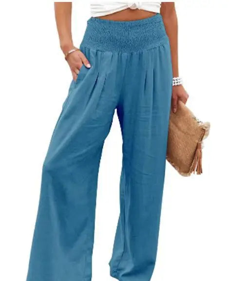 Women's casual pants with drawstring, mid waist, beach wide leg, spring and summer, European and American pants - Azara