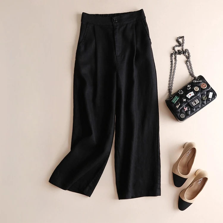 Spring Summer Cotton Linen Wide-leg Pants for Women Loose Casual Thin Nine-point Pants Comfortable Female Trousers - Azara