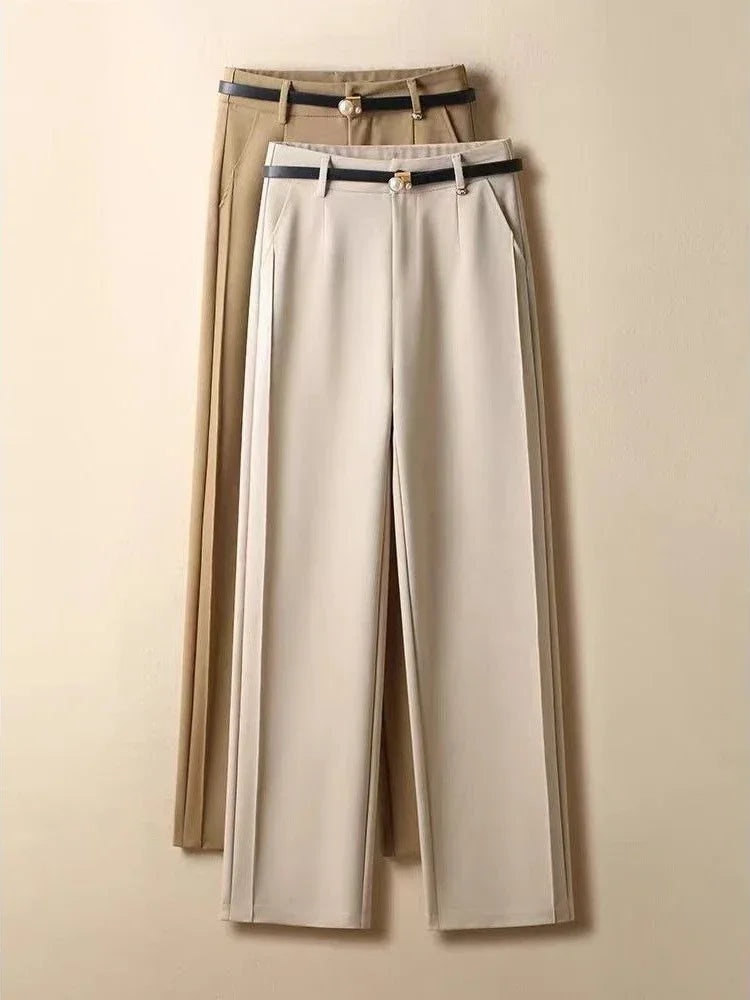 Women's Suit Wide-leg Pants 2025 Autumn New Casual Straight Pants Office Lady Simple Solid Khaki Elegant Black Pants with Belt - Azara