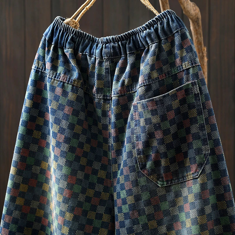 Women Casual Boyfriend Jeans New Arrival 2025 Autumn Vintage Style Plaid Pattern Loose Female Denim Harem Pants M1854