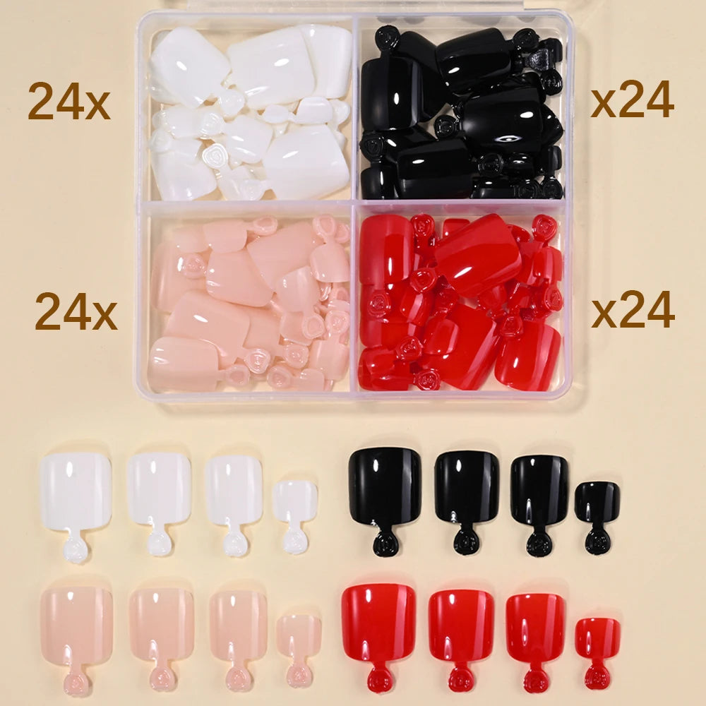 96Pcs/Box French Fake Toenails Butterfly/Flower Design Short Square  Press On Toenail Glossy Full Cover False Toe Nail Extension