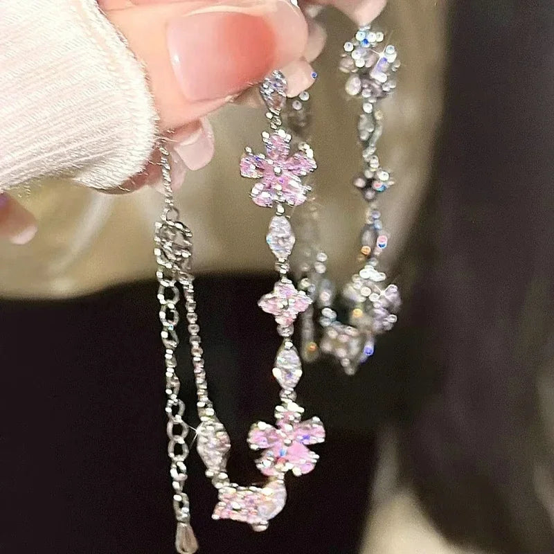 Elegant Crystal Flowers Bracelet For Women Y2K Sweet Girls Moon Cherry Blossom Bow Zircon Bracelets Luxury Designer Jewelry Gift