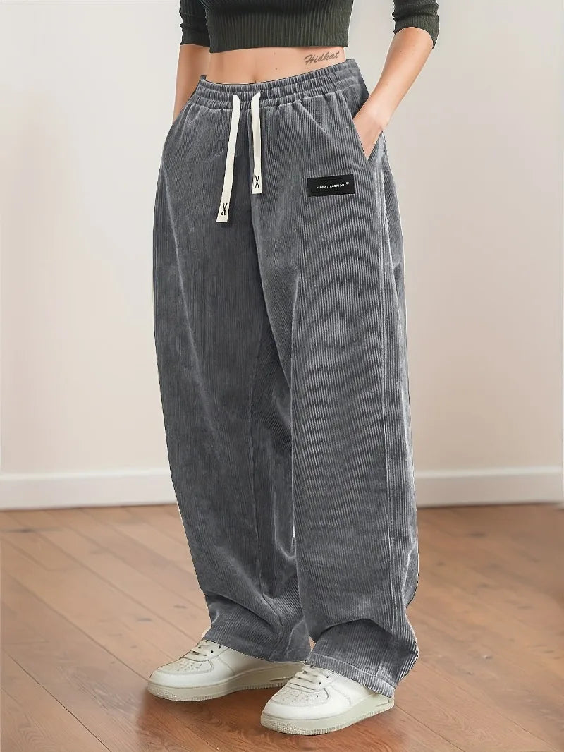 Women's Corduroy Pants Texture Straight-Leg Trousers with Drawstring Waist & White Piping - All-Season Casual to Semi-Formal - Azara