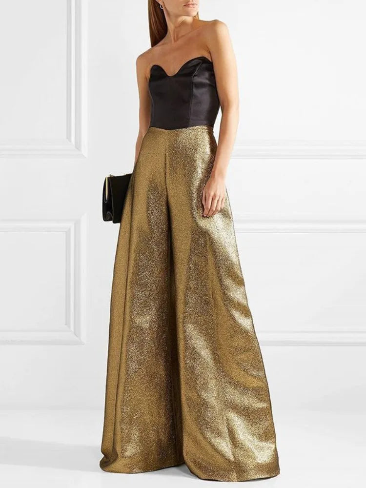 Women's Stylish Party Wear Pants Solid Gold High Waist A-line Wide Leg Pants Zippered Full-length Trousers Casual Pants - Azara