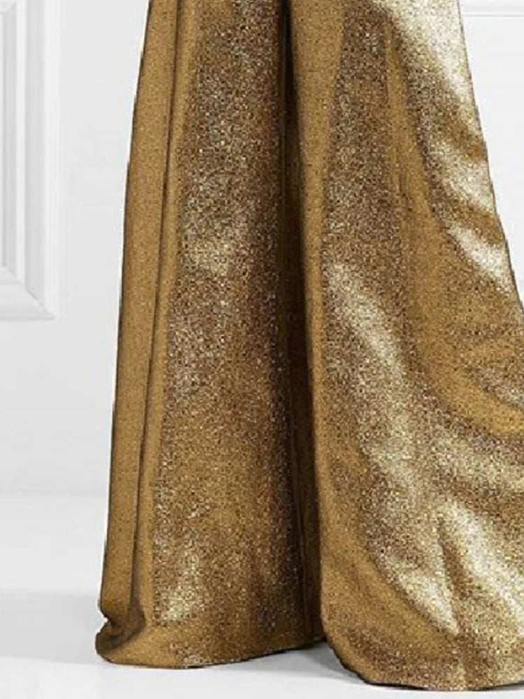Women's Stylish Party Wear Pants Solid Gold High Waist A-line Wide Leg Pants Zippered Full-length Trousers Casual Pants - Azara