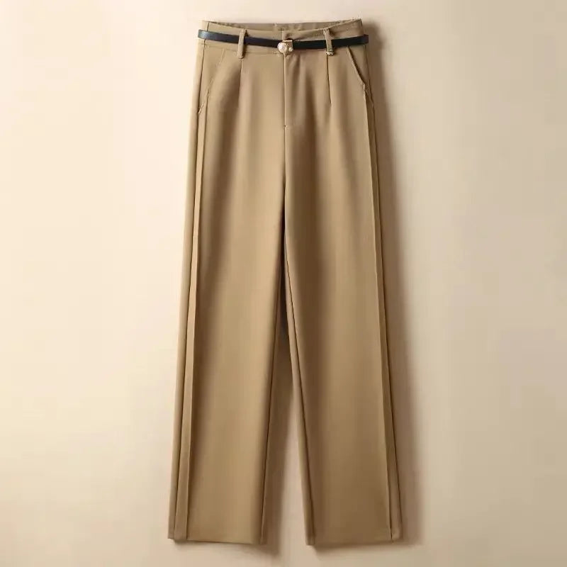 Women's Suit Wide-leg Pants 2025 Autumn New Casual Straight Pants Office Lady Simple Solid Khaki Elegant Black Pants with Belt - Azara