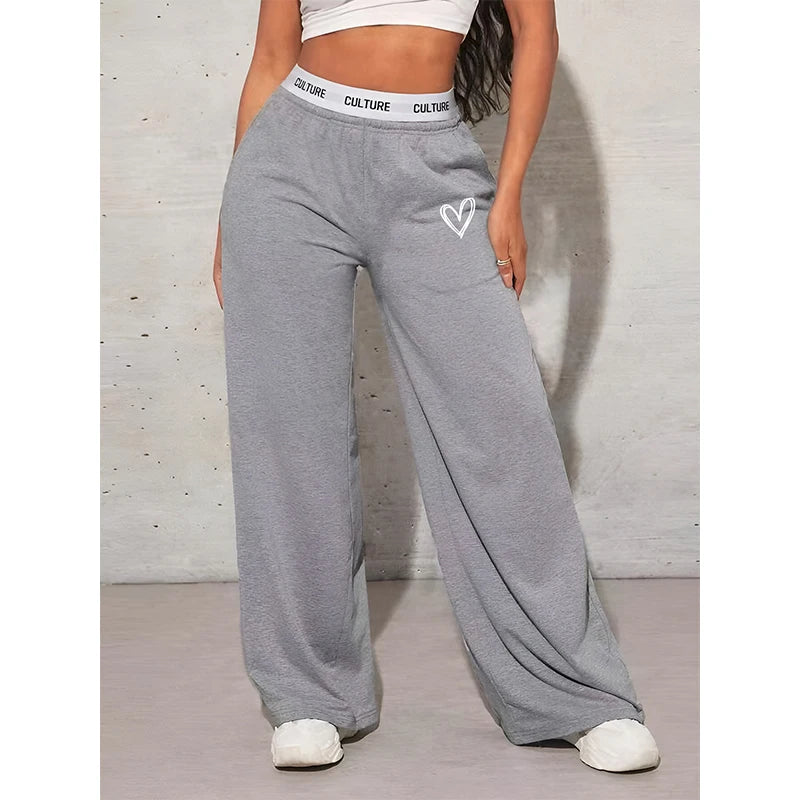 Women's Trousers Casual Loose Love Printed Webbing Women's Wide Leg Drag Pants Fashion Female Clothing - Azara