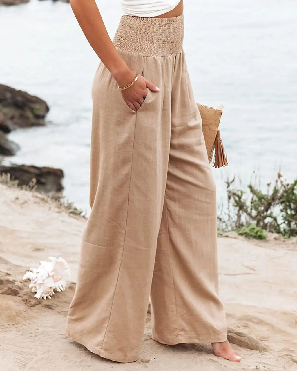 Women's casual pants with drawstring, mid waist, beach wide leg, spring and summer, European and American pants - Azara