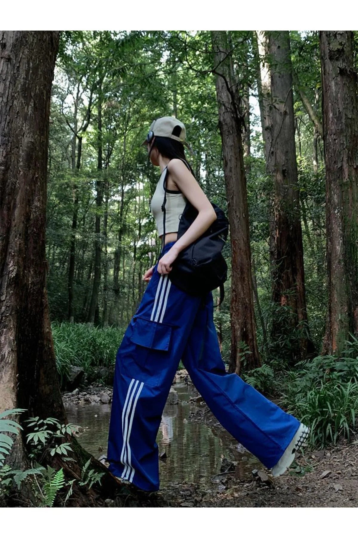 Women Casual Baggy Stripe Cargo Pants Solid Low Waist Joggers Pants Drawstring Wide Leg Baggy Trousers Y2K Streetwear Sweatpants - Azara