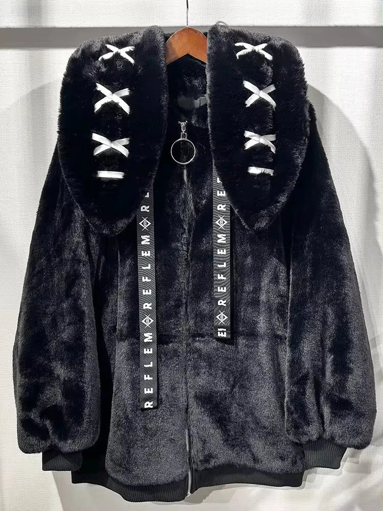 Nerazzurri Winter Sweet Cute Kawaii Soft Thick Warm White Faux Fur Coat Women with Bunny Ears Cute Fluffy Jacket Hoodie 2024