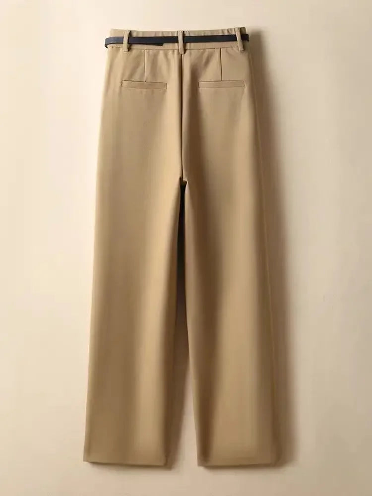 Women's Suit Wide-leg Pants 2025 Autumn New Casual Straight Pants Office Lady Simple Solid Khaki Elegant Black Pants with Belt - Azara