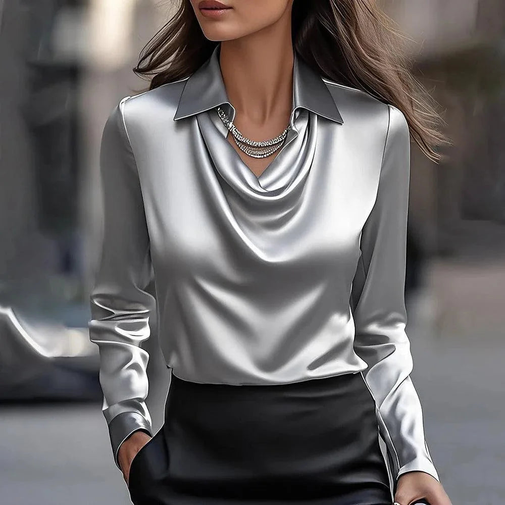 Elegant Women's Satin Shirt Blouse New Print V-neck Swing Neck Long-sleeved Solid Color Loose Shirt Casual Top Office Ladies - Azara