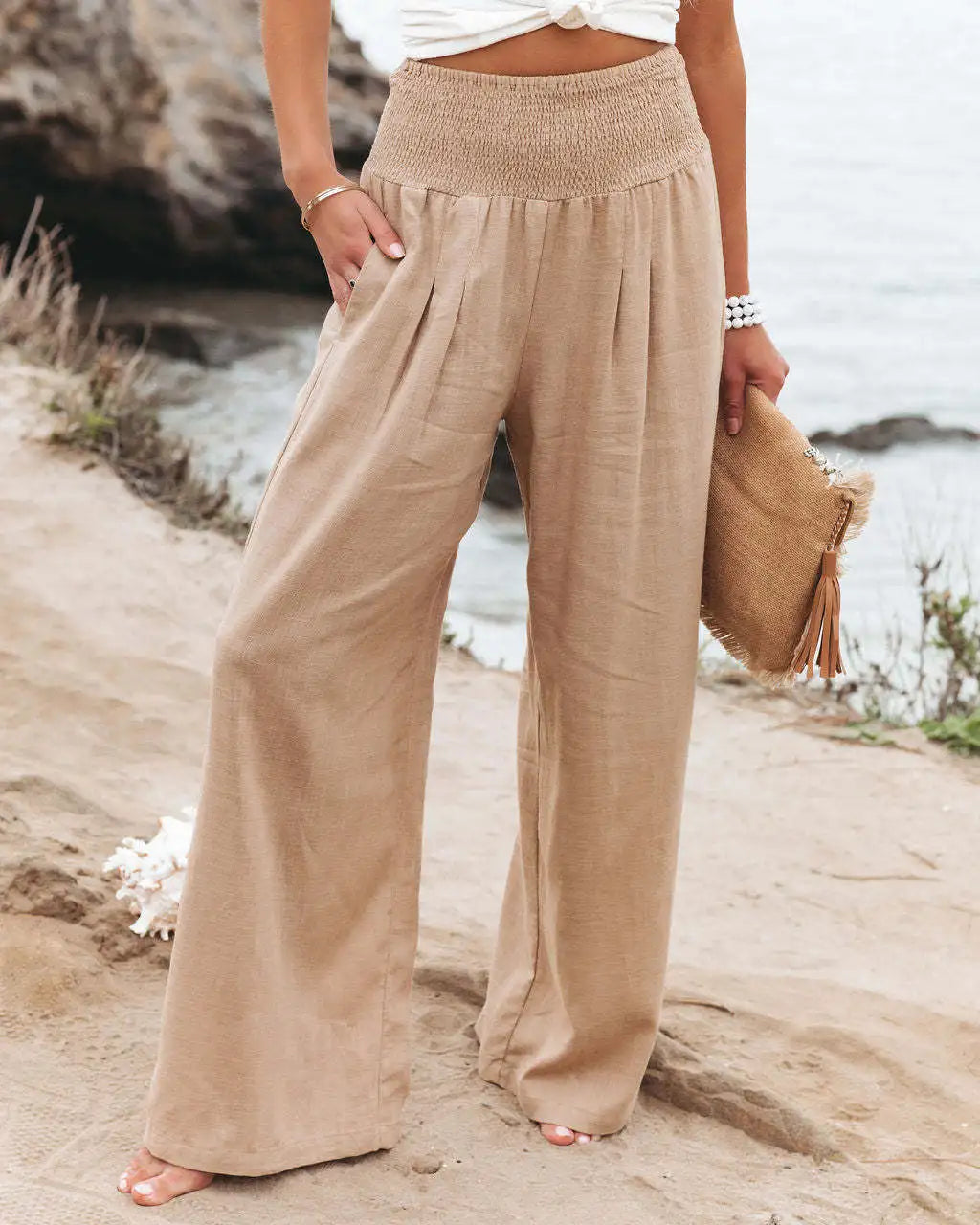 Women's casual pants with drawstring, mid waist, beach wide leg, spring and summer, European and American pants - Azara