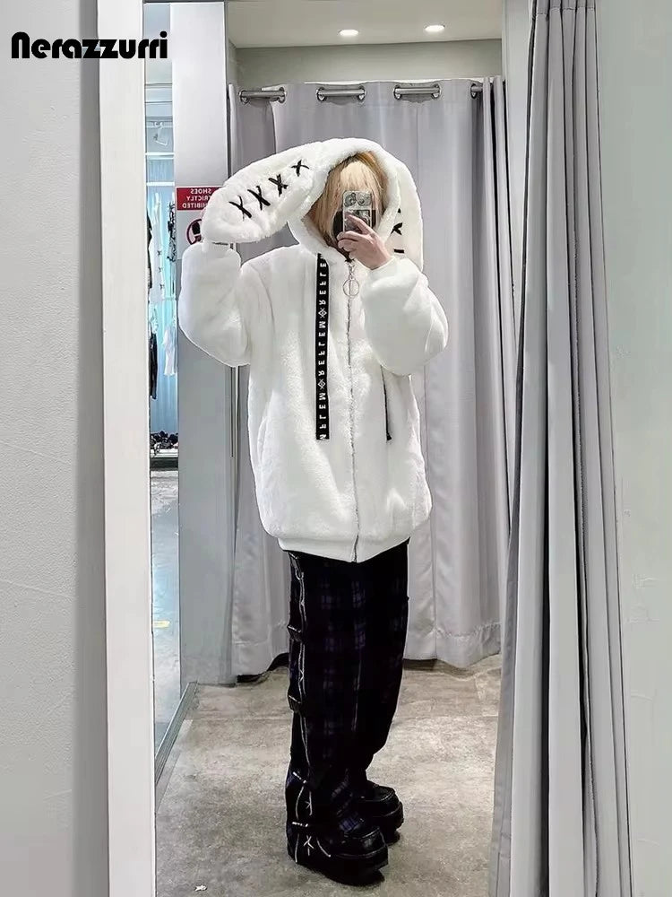 Nerazzurri Winter Sweet Cute Kawaii Soft Thick Warm White Faux Fur Coat Women with Bunny Ears Cute Fluffy Jacket Hoodie 2024
