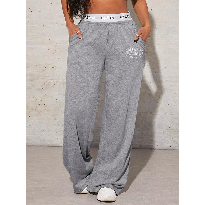 Women's Trousers Letter Printed Casual Loose Women's Wide Leg Pants Sweatpants Fashion Women's Drag Pants - Azara