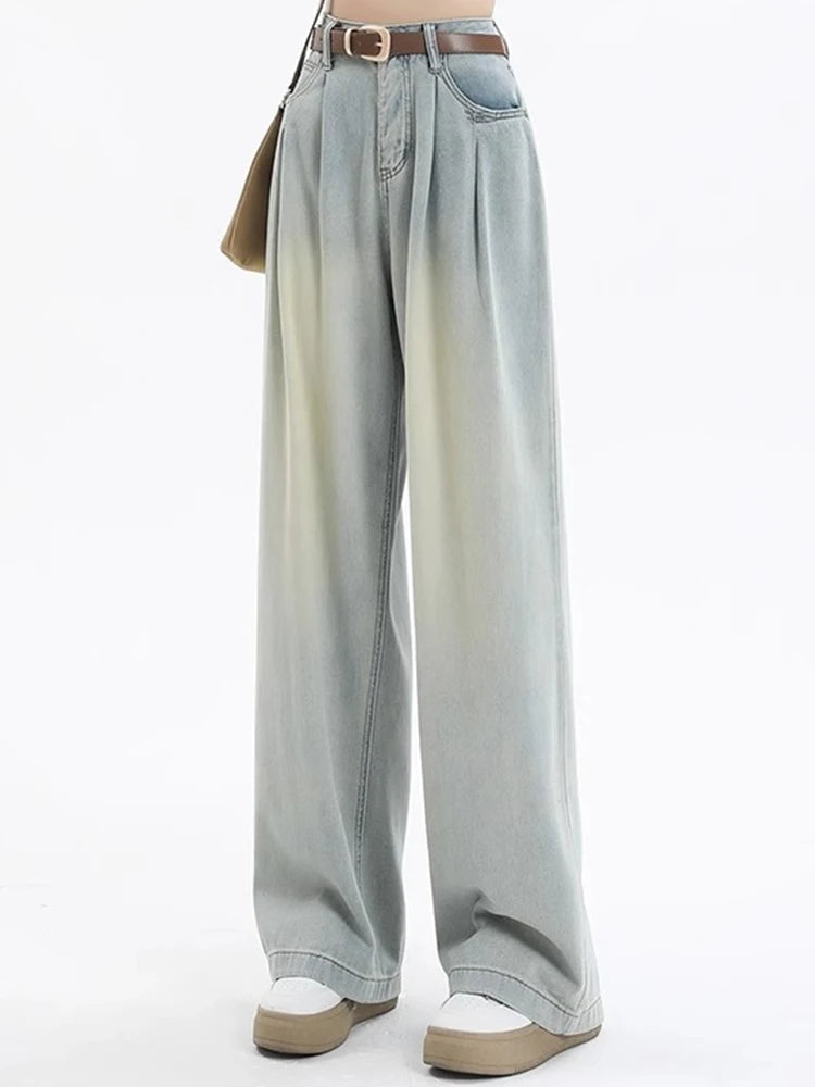 Woman High Waist Straight Leg Jeans Lady Loose Denim Wide Leg Pants Girls Korean Khaki Retro Blue Light Blue Gray White Trousers - Azara