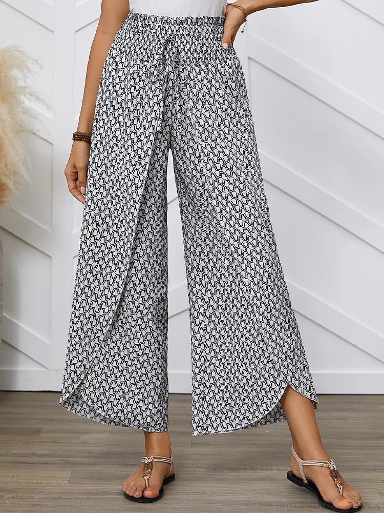 Spring/Summer Women's French Style Full Print Waist Tulip Hem Wide Leg Loose Crossed Long Pants - Azara
