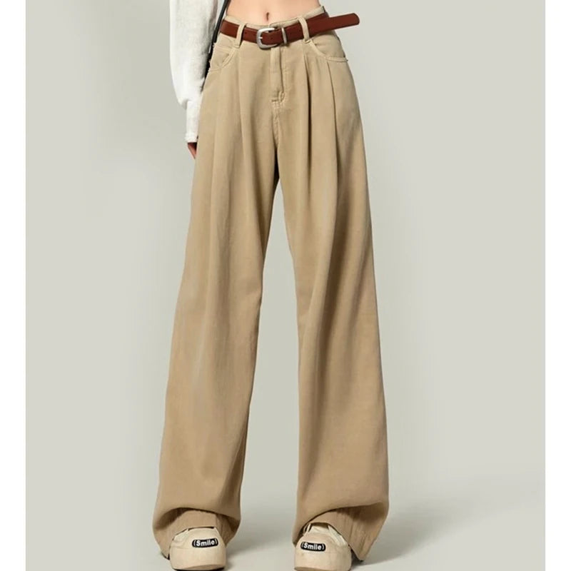 Woman High Waist Straight Leg Jeans Lady Loose Denim Wide Leg Pants Girls Korean Khaki Retro Blue Light Blue Gray White Trousers - Azara