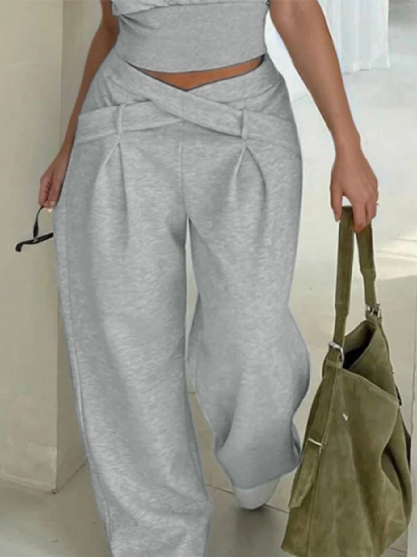 This elegant grey cross-waist wide-leg pants for women's autumn and winter are slimming and versatile. - Azara