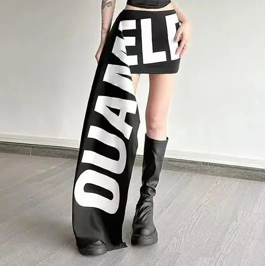 SylCue High Street Street Style Atmosphere Cool Letter Print High Waist Skirt Women's Niche Irregular Skirt - Azara