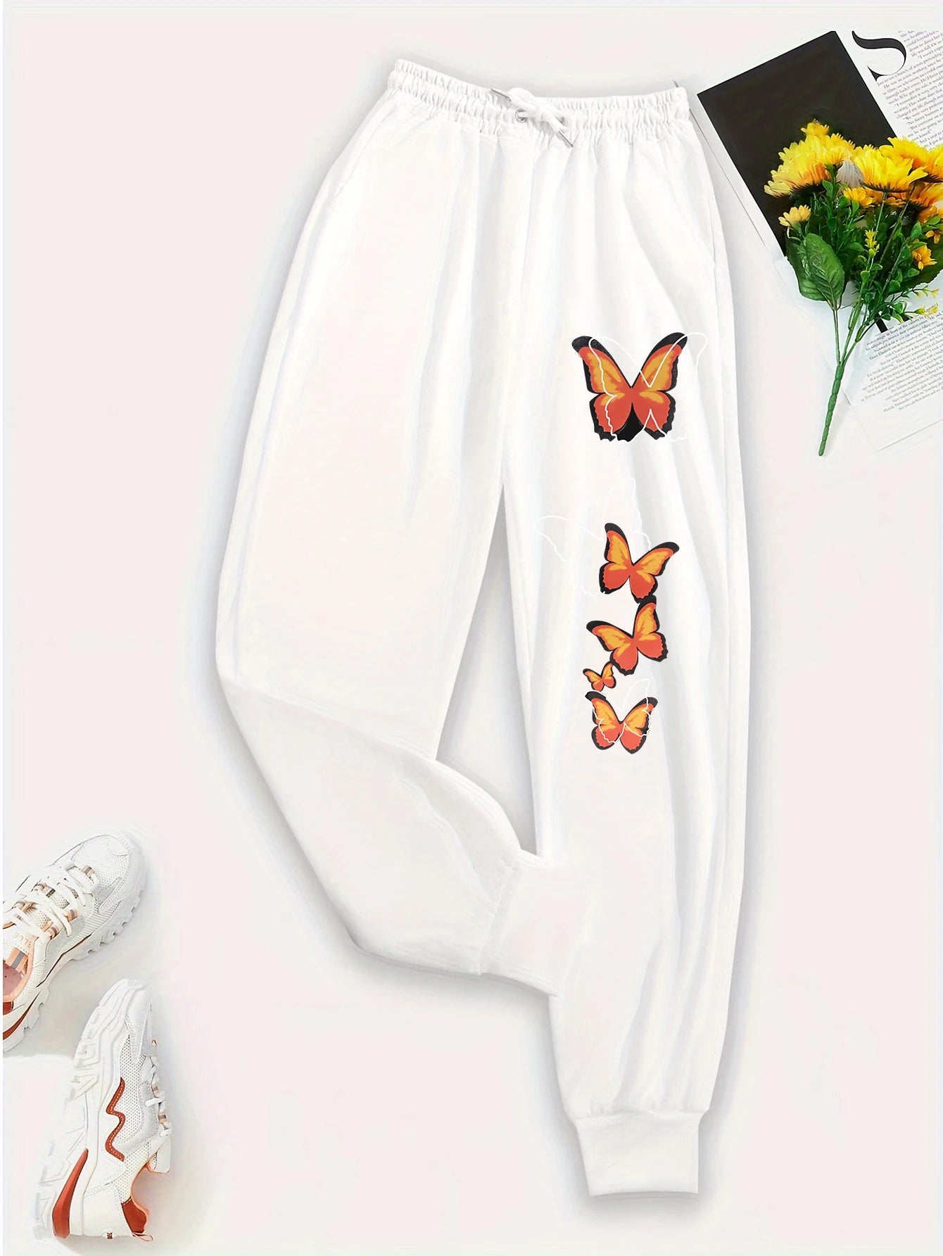 Withered Leaf Butterfly Printing Casual Versatile Women Pant Trendy Hip Hop Trousers With Drawstring Pockets Sweatpants Female