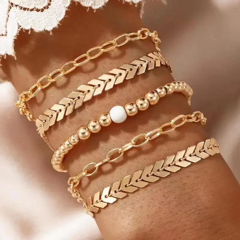 6pcs/sets Trendy Ins Flower Tassel Round Bead Bracelets for Women Charm Leaf Geometric Shape Adjustable Bracelet Jewelry Gift