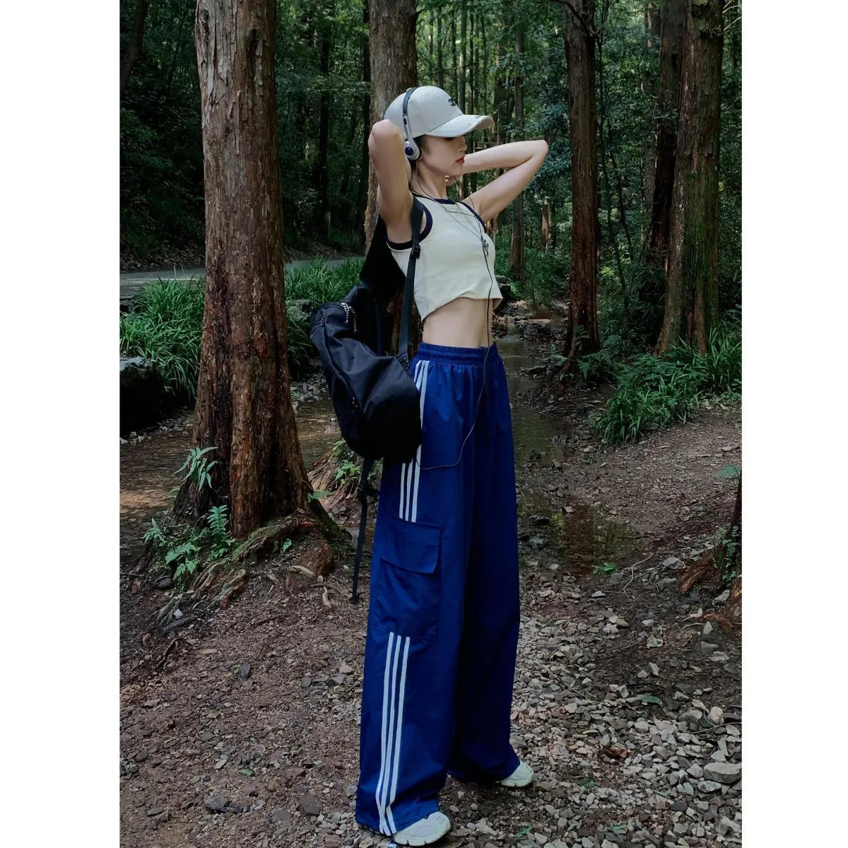 Women Casual Baggy Stripe Cargo Pants Solid Low Waist Joggers Pants Drawstring Wide Leg Baggy Trousers Y2K Streetwear Sweatpants - Azara