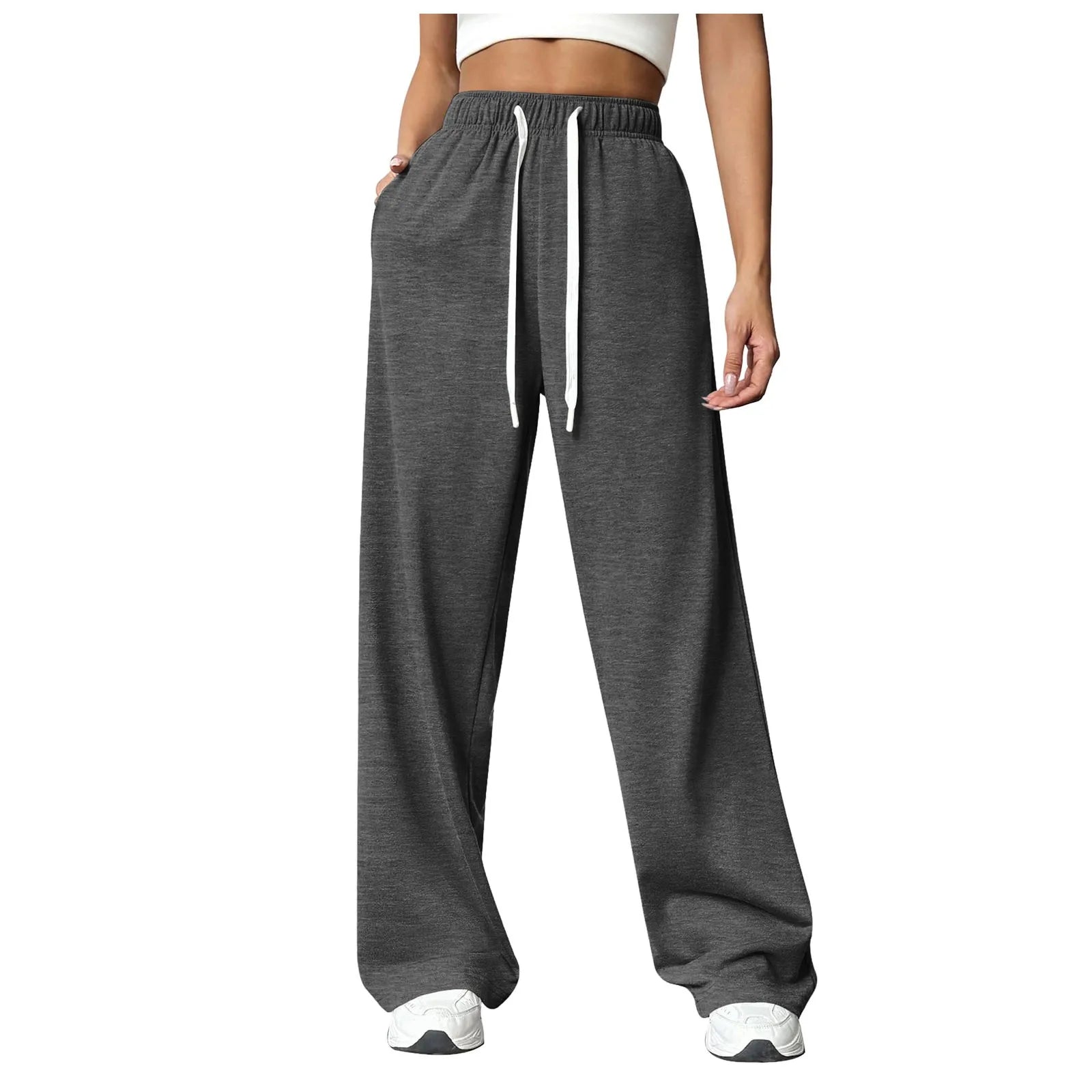 Women New Elastic Waist Pants with Side Pockets Fleece Lined Thick Wide Leg Sweatpants Pure Color Straight Cut