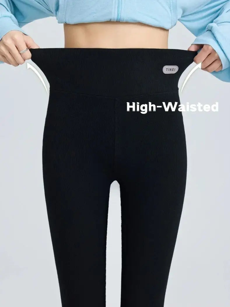 Women's High-Waisted Slimming Leggings Stripes Cotton-Feel Seamless Thermal Tights Soft Stretch Fabric