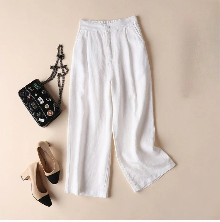 Spring Summer Cotton Linen Wide-leg Pants for Women Loose Casual Thin Nine-point Pants Comfortable Female Trousers - Azara